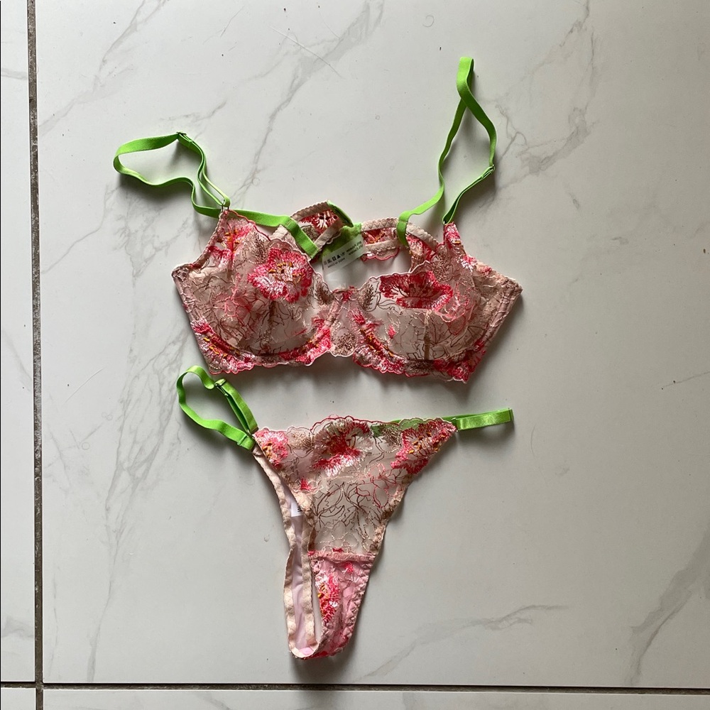 Floral Lace Lingerie Set with Green Straps - NWOT